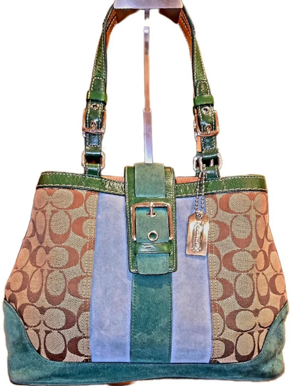Coach Vintage Y2k Hampton Signature Green & Blue Suede Double Handled Tote Bag